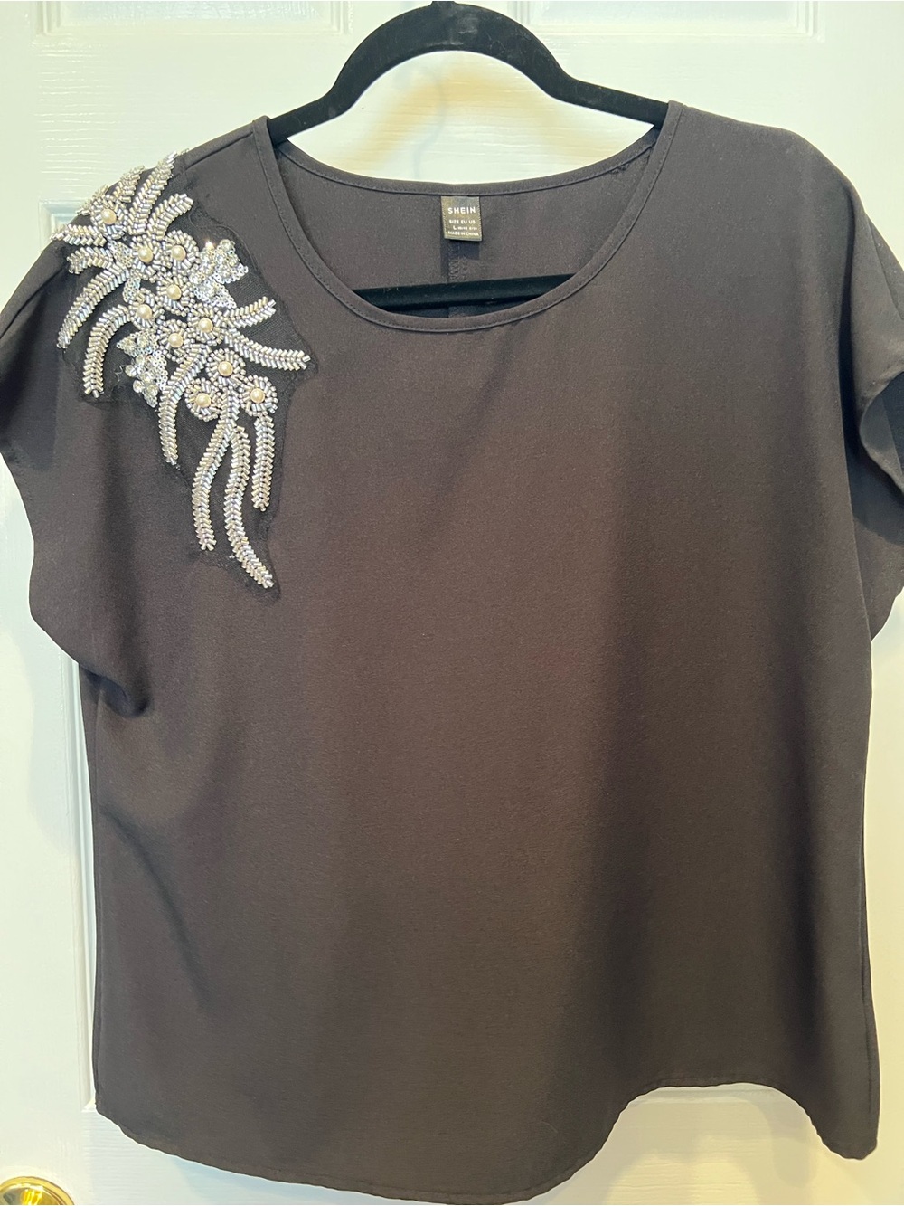 SHEIN Black Short Sleeve Blouse with Beaded Shoulder Applique
